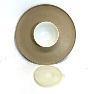 Tupperware Vintage 3-Piece Chip & Dip Tray With Bowl & Lid Tan Model 492-5